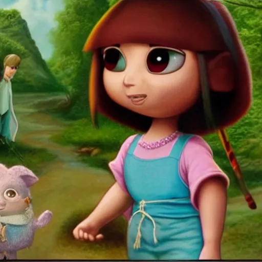 Prompt: A still of Dora The Explorer in Mark Ryden's The Lord of The Rings