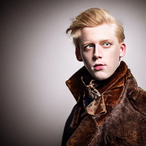 Image similar to a professional studio low - key lighting high contrast photography portrait of a young blonde blue eye man in an ornate vintage coat golden leafs, taking off horror mask, highly detailed mid shot dutch angle, volumetric lighting one source, gloaming eye whites portrait, poster, 4 k, award winning, canon, photo of the year, dalle 2 reference