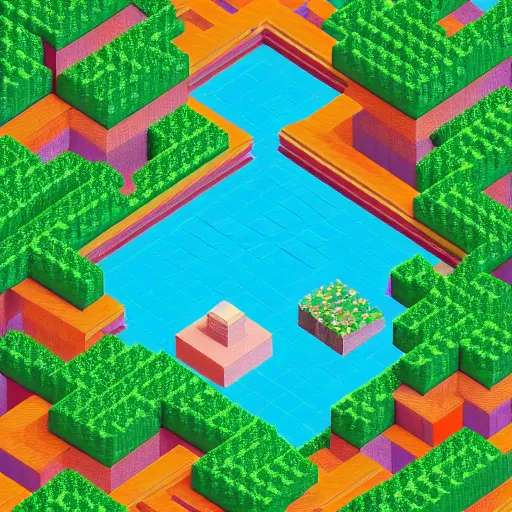 Image similar to isometric pixel voxel art fairy forest surrounded by ocean beautiful aesthetic