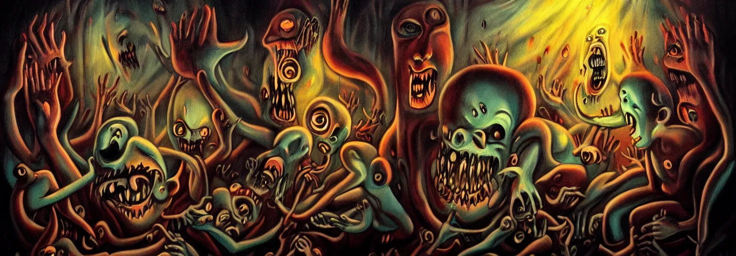 Prompt: visceral freaky obsessive monsters from the darkest depths of collective unconscious, dramatic glowing lighting, 1 9 3 0 s fleischer cartoon characters, wild emotional expressions - surreal painting by ronny khalil