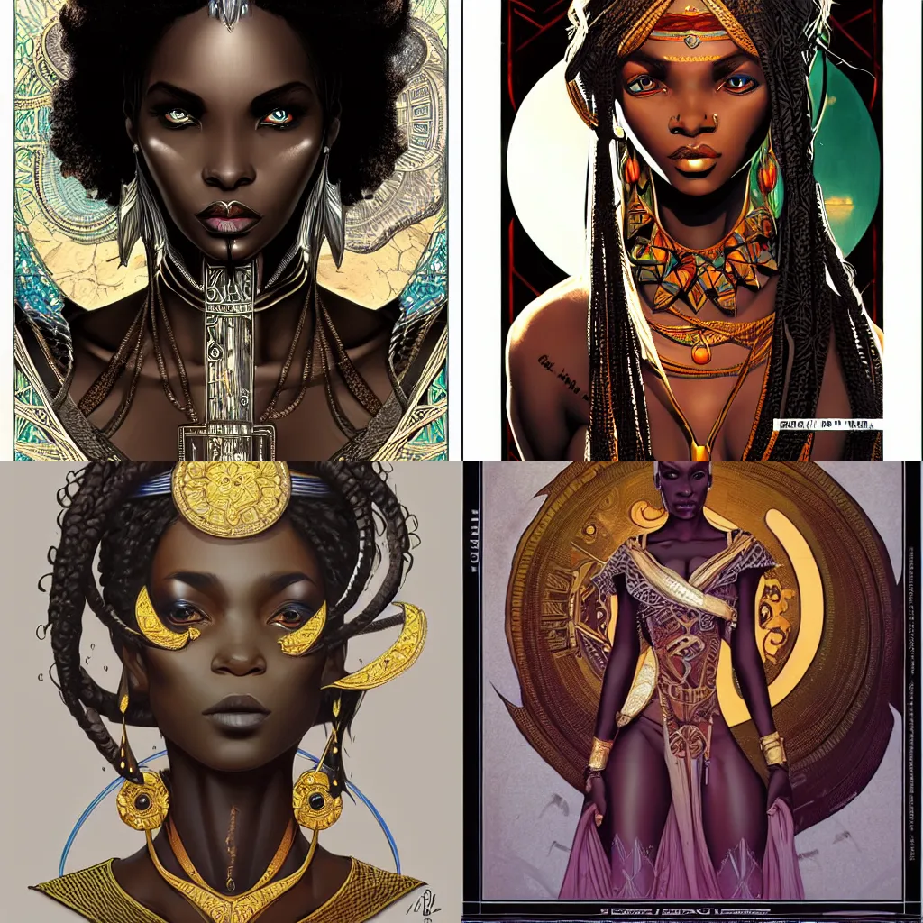 Prompt: black african princess, symmetric, intricate, concept art, sharp focus, illustration, rutkowski, mucha, aleksi briclot