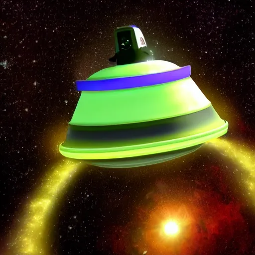 Image similar to yipyips flying a ufo through space