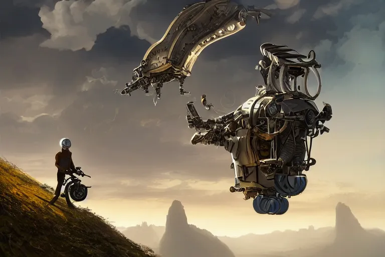 Prompt: an epic fantasy detailed illustration of an unmanned flying robotic vespa scooter among the clouds by alejandro burdisio and michael whelan, industrial, hydraulics, prosthetics, 4K, golden hour hues