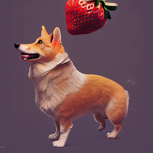 Image similar to corgi as a strawberry : by michal karcz, daniel merriam, victo ngai and guillermo del toro : ornate, dynamic, particulate, intricate, elegant, highly detailed, centered, artstation, smooth, sharp focus, octane render