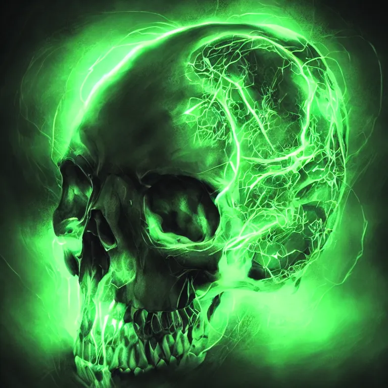 Image similar to photorealistic dark fantasy concept art of a glowing human skull with a green neon outline and a Pentagram on it's forehead, dynamic lighting, stunning visuals, realism, cinematic, hyper detailed, ultra detailed, beautiful visuals