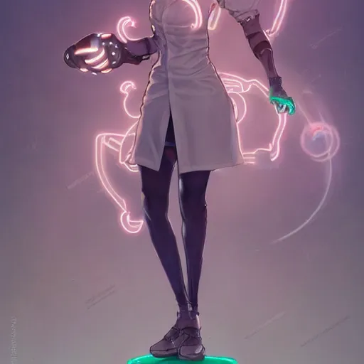 Image similar to a full body character design by artgerm, cushart krenz, greg rutkowski and alphonse mucha. cute african mad scientist neon woman lab coat!! green plasma!!, goggles visor!! bold outline sharp edges. ultra clear detailed. 8 k. ultra detailed, elegant, intricate, octane render. felt!!! texture