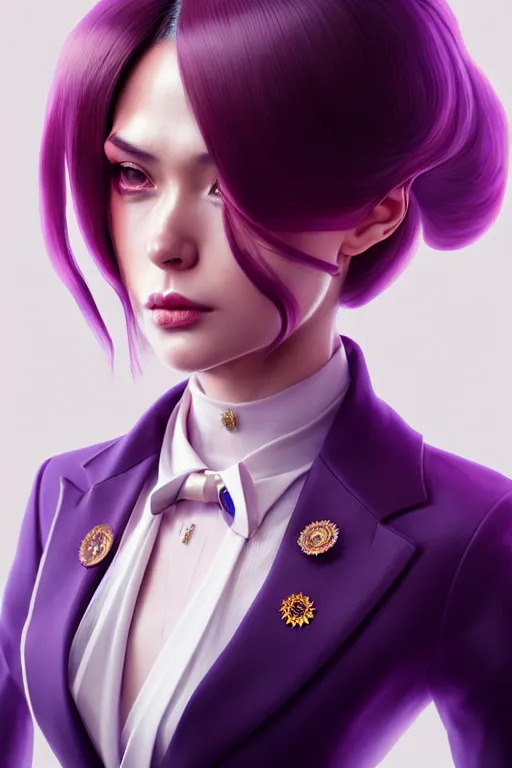 Prompt: hyperdetailed very close portrait of a european thirty years old woman in an elegant suit with a pin in a city inspired by ross tran and wlop and masamune shirow and kuvshinov, concept art, intricate, photorealistic, octane render, rtx, hdr, unreal engine, dnd digital art by artgerm fine face