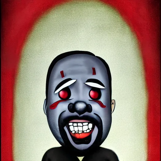 Image similar to grunge cartoon painting of kanye with a wide smile and a red balloon by chris leib, loony toons style, pennywise style, corpse bride style, horror theme, detailed, elegant, intricate