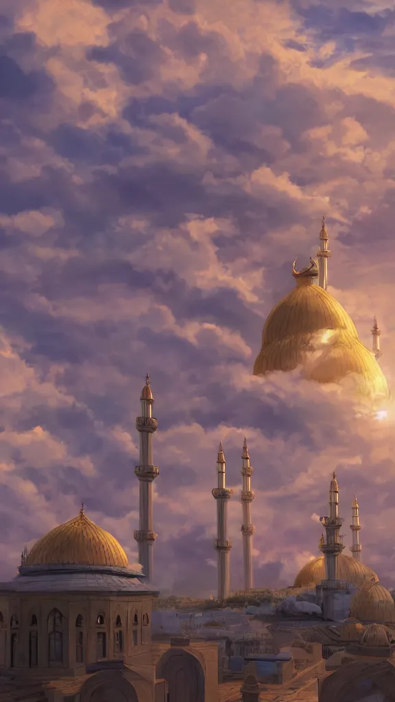 Prompt: a flying full mosque in the dawn sky with fluffy clouds, beuatiful concept art, golden hour