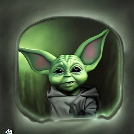 Prompt: In a darkened echoey room (The Mirror of Erised) reflects back the image of an extremely cute (baby yoda Grogu), scifi fantasy, realistic, hyperdetailed, UE5, Harry Potter