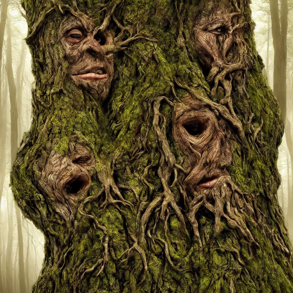 Image similar to a talking oak tree, a face in the bark, nose made of wood, eyes in the bark, mouth in the bark, fantasy concept art, leaves and moss, digital painting, oil painting, hyperrealistic, treebeard, ent, highly detailed, golden sunlight, very detailed eyes, artstation, cgsociety, in the forest, by alan lee, by artgerm