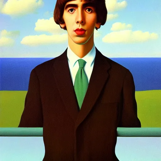 Image similar to painting of a young george harrison by rene magritte, hd, 4 k, detailed, award winning