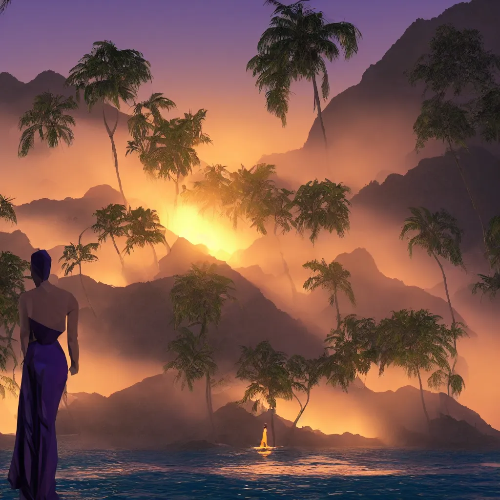 Image similar to a low-poly render of a big purple hand holding the orange setting sun on the ocean horizon. a green tinted transparent beckoning lady in front of a waterfall. a cream colored abandoned building featuring two statues and pitch black periphery. a prehistoric jungle scene with a mountain in the background.