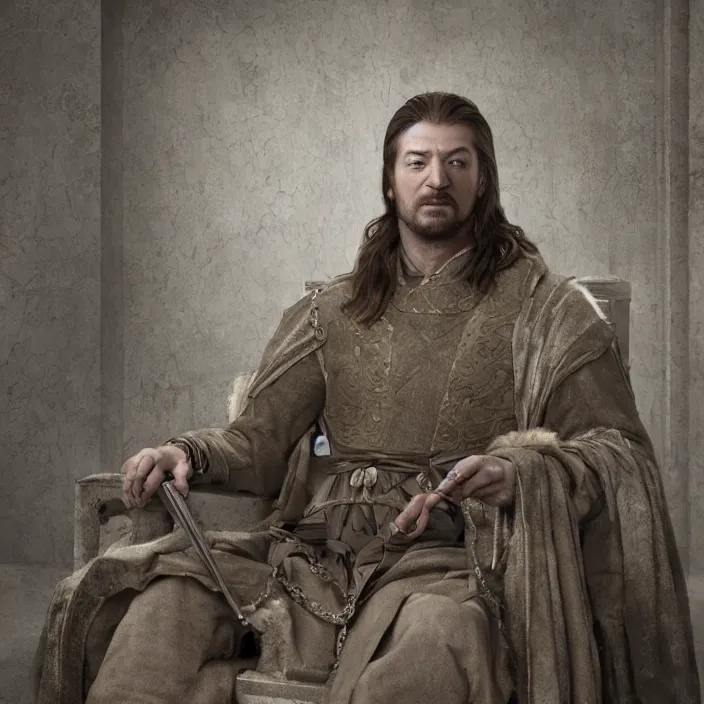 Prompt: professional photographic portrait of eddard stark as machiavelli in a venice bank, renaissance style, fine art piece, incredible detail, vray rendering, high octane,
