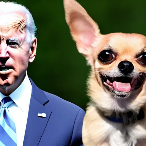 Image similar to chihuahua chasing joe biden, joe biden running and scared for his life, dramatic scene