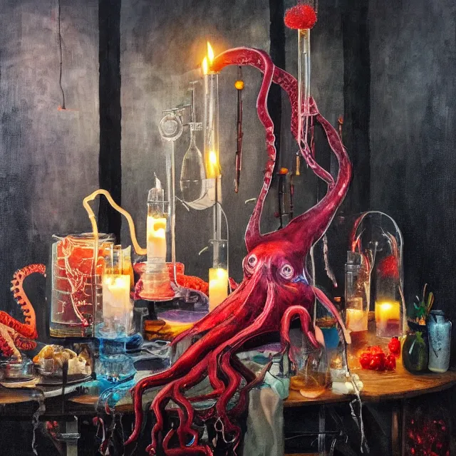 Prompt: sensual, dripping candles, surgical equipment, giant octopus, a female emo art studio, raw pork, berry juice drips, pancakes, coffee, berries, scientific glassware coloured liquids, art supplies, candles dripping wax, neo - impressionist surrealism, acrylic and spray paint and oilstick on canvas