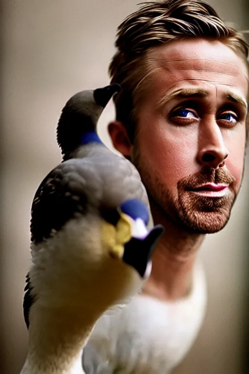 Image similar to ryan gosling fused with a goose, construction, natural light, bloom, detailed face, magazine, press, photo, steve mccurry, david lazar, canon, nikon, focus