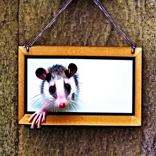 Image similar to hd digital photography of an opossum holding up the picture it made.