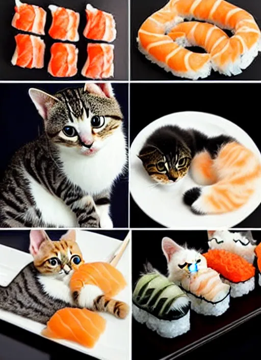 Image similar to clear photorealistic picture of adorable cats made out of sushi