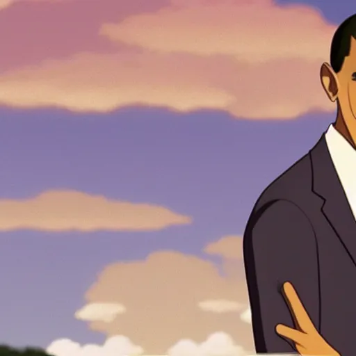 Prompt: Film still of Barack Obama, from Spirited Away (Studio Ghibli anime from 2001)