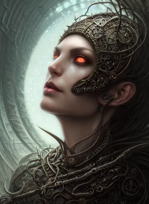 Image similar to closeup portrait shot of female necromancer in a scenic dystopian environment, intricate, elegant, highly detailed, centered, digital painting, artstation, concept art, smooth, sharp focus, illustration, artgerm, tomasz alen kopera, peter mohrbacher, donato giancola, joseph christian leyendecker, wlop, boris vallejo