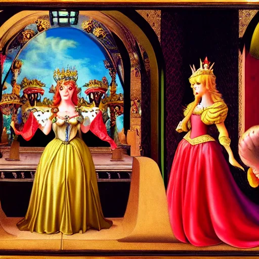 Image similar to young princess peach crowned empress of the mushroom kingdom, renaissance style, coronation, cinematic lighting, 1 6 th century,