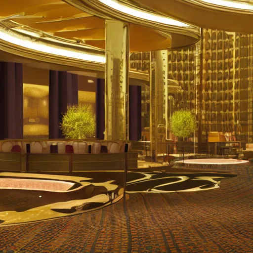 Image similar to a photorealistic 8 k 3 d render of tranquility base hotel and casino