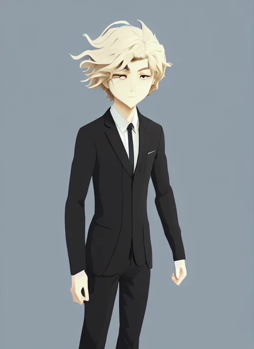 Image similar to young man with medium - length, curly, golden hair, perfectly proportioned face, aquamarine eyes, sweet smile, wearing a black suit, natural lighting, path traced, highly detailed, high quality, animation art, digital painting, by new haicheng and studio ghibli