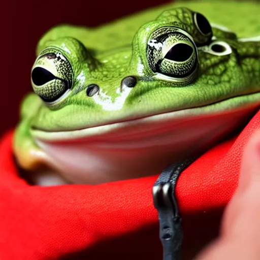 Image similar to a funny picture of a happy frog peeking out of a jacket pocket, 4K