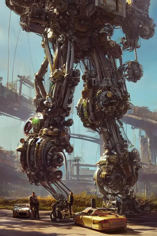 Prompt: engineers work around a giant 1 0 0 ft orgainc wooden tree mech, solarpunk, organic mech made of wood, cinematic lighting, octane render, 3 d pixar disney digital cgi rtx hdr painting, highly detailed, artstation cgsociety masterpiece, by syd mead, greg rutkowski, wlop, artger