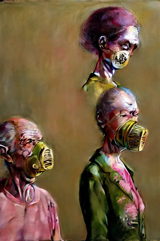 Prompt: two skinny old people wearing gas masks standing inside a deserted hospital room, draped in gold, pink and green, Ayami Kojima, Karol Bak, hauntingly surreal, highly detailed painting by Katsuhiro Otomo, part by Edward Hopper, part by Adrian Ghenie, part by Gerhard Richter, Soft light 4K,