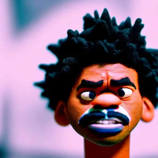 Image similar to a cinematic film still of a claymation stop motion film starring chance the rapper as a college student, shallow depth of field, 8 0 mm, f 1. 8