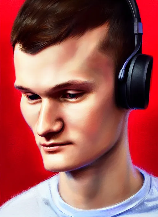 Prompt: portrait of vitalik buterin with hazel eyes, hazel colored eyes, red shirt, headphones, intricate, elegant, glowing lights, highly detailed, digital painting, artstation, concept art, smooth, sharp focus, illustration, art by wlop, mars ravelo and greg rutkowski