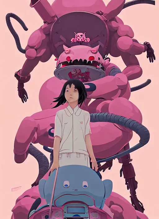 Image similar to Artwork by James Jean, Phil noto and hiyao Miyazaki; a young Japanese future samurai police girl named Yoshimi battles an enormous looming evil natured carnivorous pink robot on the streets of Tokyo; Japanese shops and neon signage; crowds of people running; Art work by studio ghibli, Phil noto and James Jean