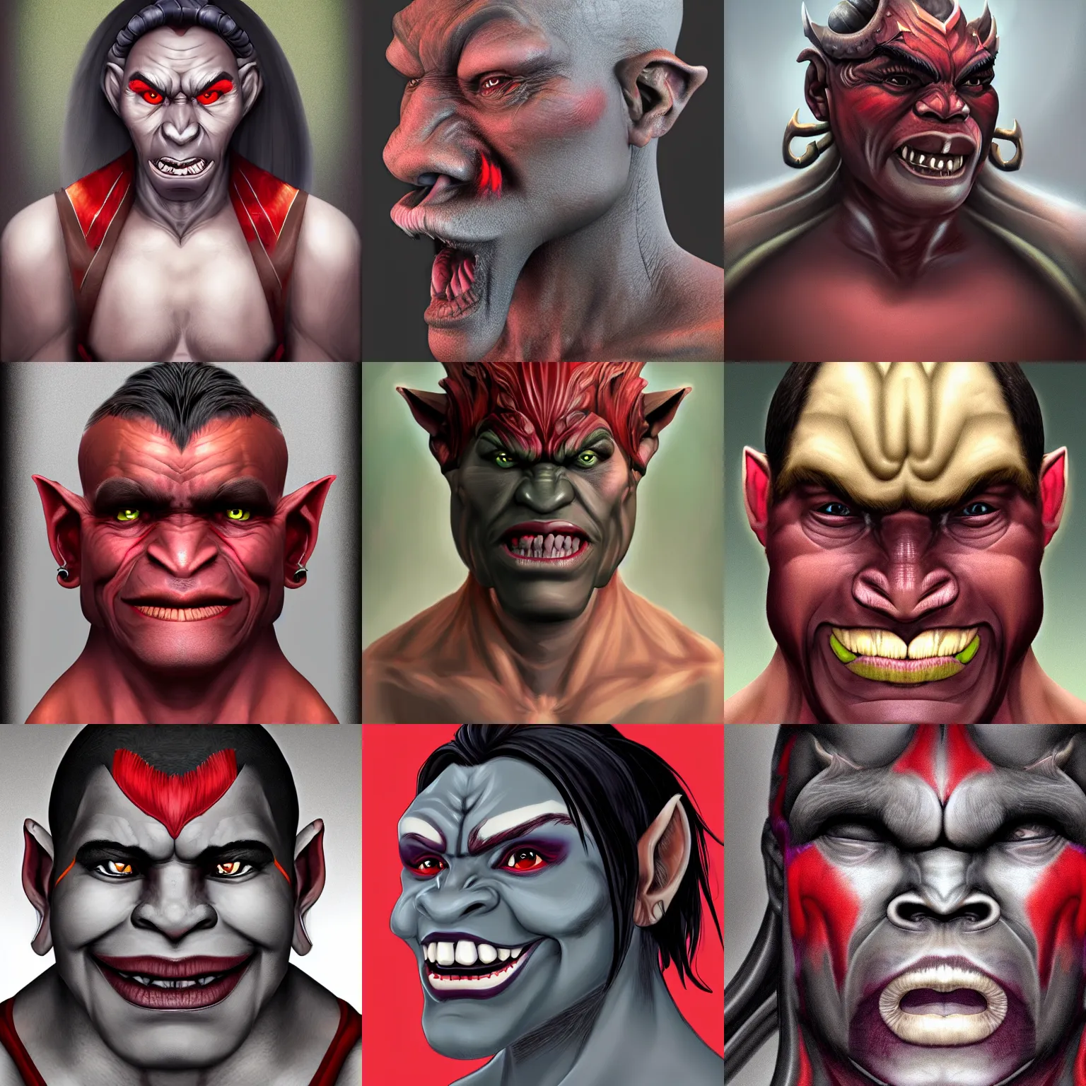 Prompt: fantasy portrait of a half - orc, dark grey skin, red irises, tusks, head and shoulders, smile, androgynous