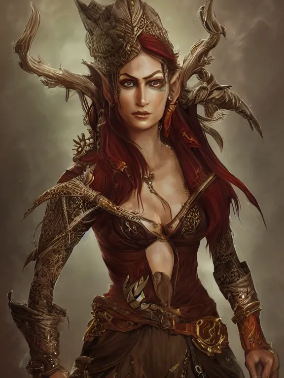 Image similar to portrait of a female elven pirate, character design, correct anatomy, concept art, digital illustration, ray tracing, ultra detailed, fantasy, soft lighting, intricate and highly detailed, coloured with lots of colour, pose, fantasy, sharp focus,