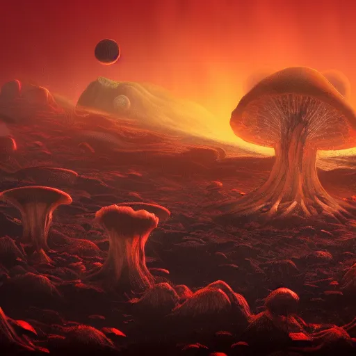 Image similar to concept art of an alien fungal landscape with red sky and dramatic lighting, ringed planet in sky