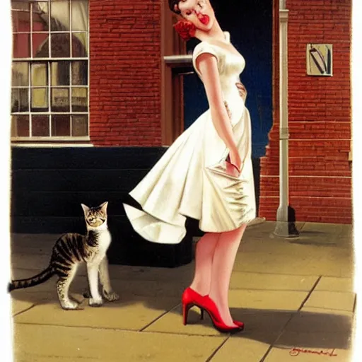 Prompt: woman, city, street, kitten heel, buildings, by gil elvgren, olivia