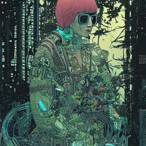 Prompt: stunningly intricate portrait of a single cyberpunk explorer in a lush forest, highly detailed, midnight, by victo ngai and afarin sajedi, moebius, laurie greasley