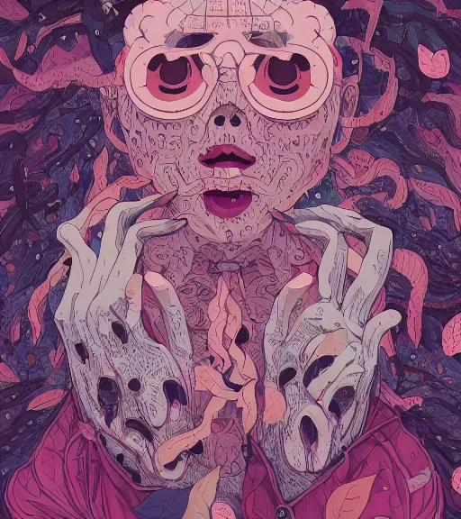 Prompt: portrait, nightmare anomalies, leaves with anxiety by miyazaki, violet and pink and white palette, illustration, kenneth blom, mental alchemy, james jean, pablo amaringo, naudline pierre, contemporary art, hyper detailed