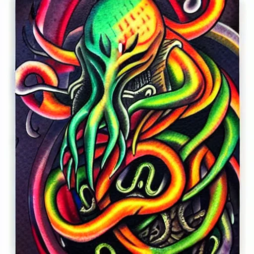 Image similar to american traditional abstract tattoo art of cthulhu playing praying, sheet paper