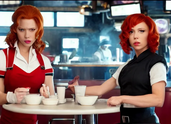 Image similar to Black Widow working as a waitress in a diner in the new avengers movie, 4k