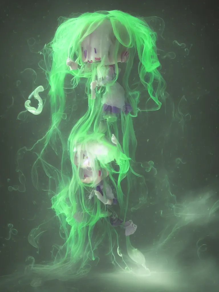 Image similar to cute fumo plush smiling ectoplasmic gothic macabre green jellyfish ghost girl, glowing milky wisps of hazy smoke and volumetric fog, lens flare, subsurface scattering, vignette, asymmetry, bokeh, refraction, vray