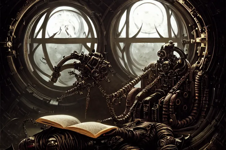Prompt: Mechanicus Tech-Priest reading an old book, sci-fi, intricate, elegant, dramatic lighting, emotionally evoking symbolic metaphor, highly detailed, lifelike, photorealistic, digital painting, artstation, concept art, smooth, sharp focus, illustration, art by John Collier and Albert Aublet and Krenz Cushart and Artem Demura and Alphonse Mucha