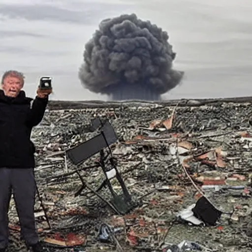 Image similar to last selfie of last alive ukrainian very damaged after a nuclear strike, a nuclear explosions in the background, hyper - realistic 2 0 2 2