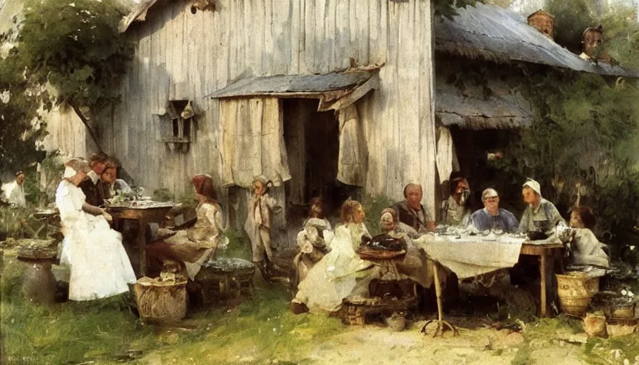 Image similar to simple villager family about to eat a meal together in their beautiful simple cottage home, art by anders zorn, wonderful masterpiece by greg rutkowski, beautiful cinematic light, american romanticism thomas lawrence, greg rutkowski