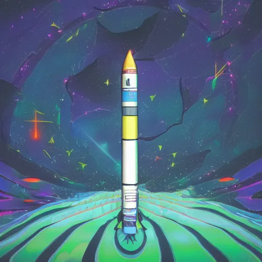 Prompt: a frontal drawing of a vertical rocket center in the image with a dark green background and colorful clouds with stars by takashi murakami, beeple and james jean, aya takano color style, trippy, 8 k, super detailed, night sky, digital art, digital painting, clean