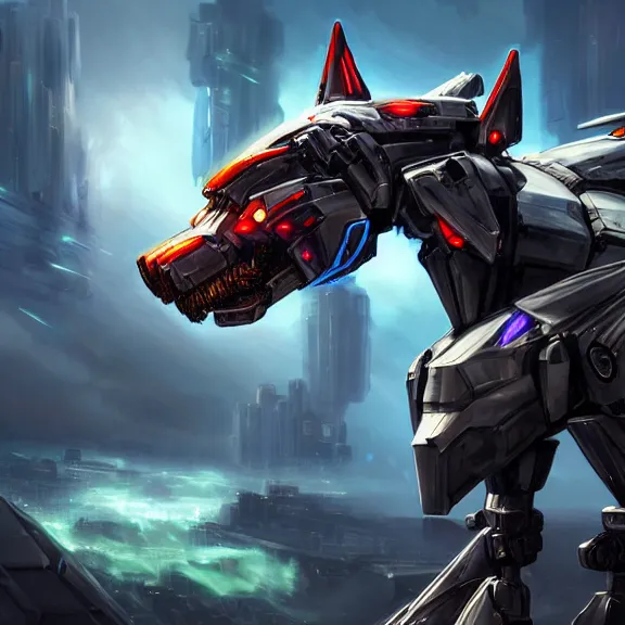 Image similar to hyper realistic, epic, highly detailed cinematic full body shot of a feral mecha canine, sharp claws, sleek armor, glowing visor, destroying city, digital art, furry art, dragon art, zoids art, furaffinity, deviantart, sofurry