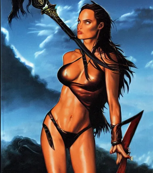 Image similar to 1 9 8 0 s fantasy novel book cover, amazonian angelina jolie in extremely tight bikini armor wielding a cartoonishly large sword, exaggerated body features, dark and smoky background, low quality print
