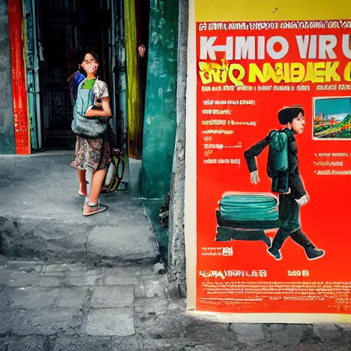 Image similar to 20 year old tourist wearing a backpack walking through hanoi. Vietnamese propaganda poster.